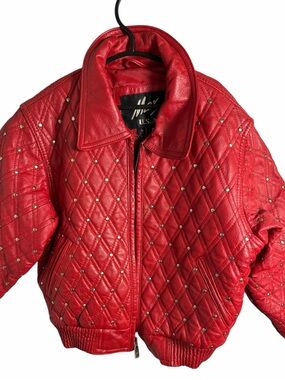 Genuine Italian Leather Kids Quilted Red Studded Bomber Jacket L 7